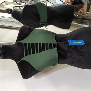 Army Green Caged Front Bikini Top w/ Lace Up Back Closure